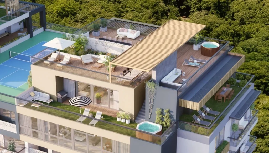 Penthouse terrace at Oceana with pool and hot tub