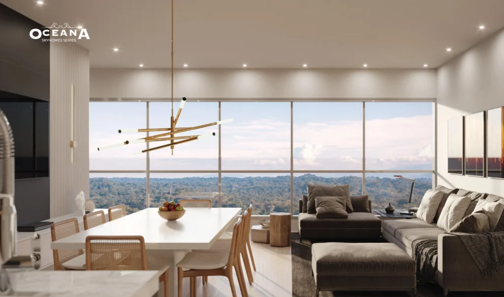Living and dining room of an Oceana apartment with panoramic views