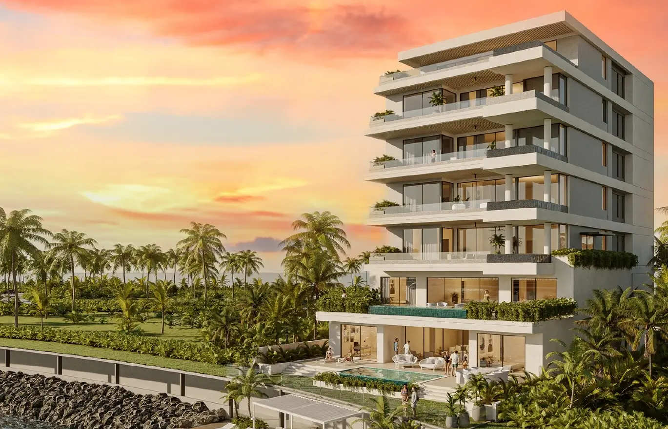 Waterfront residence at Ocean Reef Islands at sunset